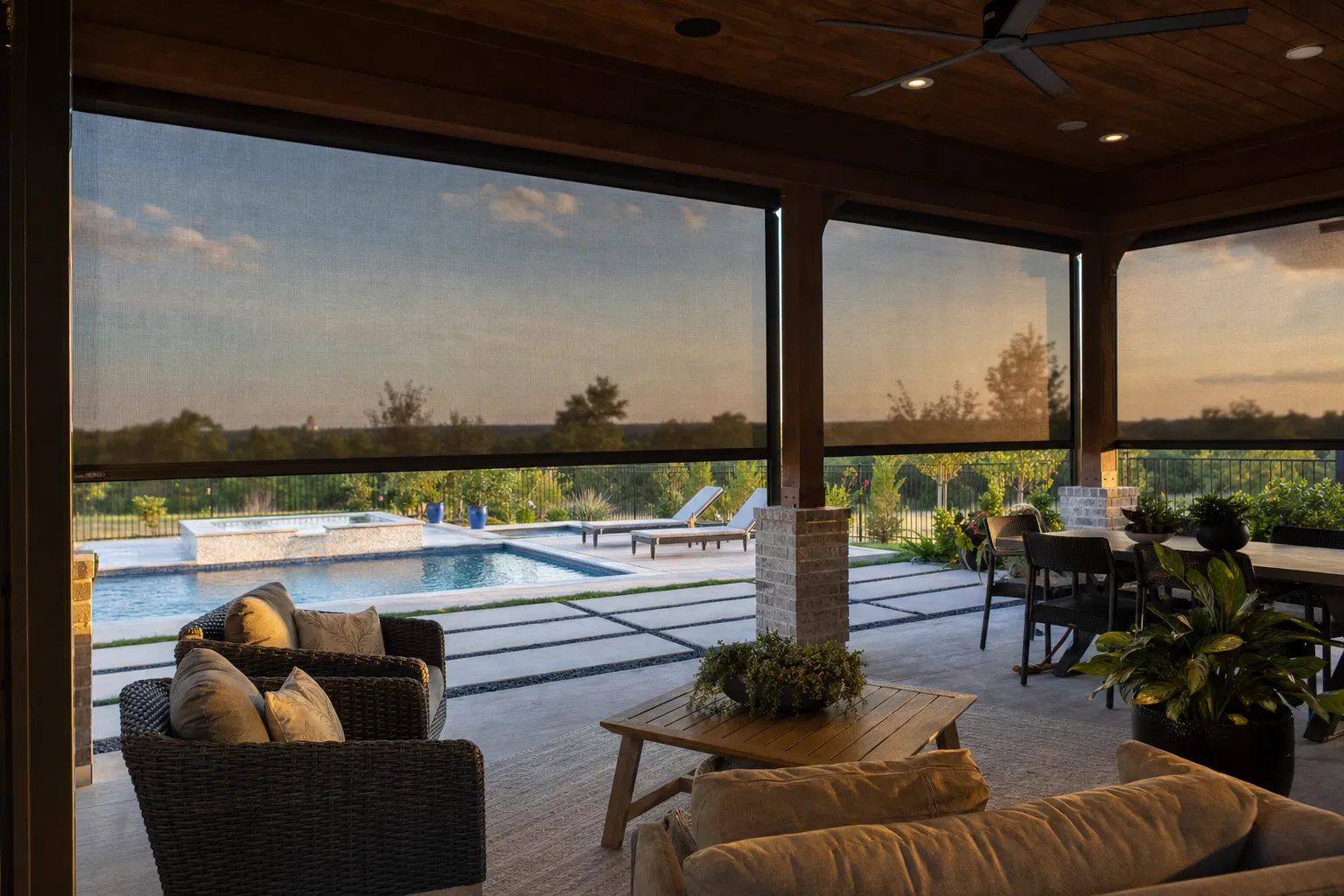 Custom exterior patio shades installation in Austin TX | Beacon Blinds